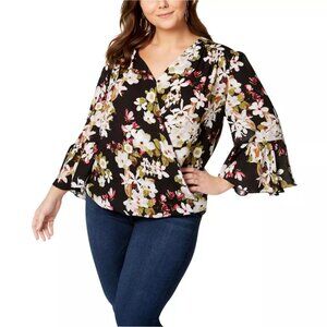 INC Black Floral Blouse with White and Pink Accents